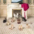 Robe Balenciaga chez Bongénie Grieder. Sac YSL chez Bongénie Grieder. Souliers (de gauche à droite en commençant par la rangée du fond) Escarpins noirs YSL chez Bongénie Grieder, mules Christian Louboutin, Sandales à fines brides Alaïa chez Bongénie Grieder, Bottines Chanel, Escarpin argent Jimmy Choo. Tous les autres modèles: Christian Louboutin. Panthère noire Lalique, Touzeau Art de la Table, Genève. Collier et boucles d’oreilles Collection Flocon de Cartier, en platine et diamants. ©Aimée Hoving