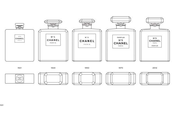 L'évolution du design du flacon du parfum N°5 de Chanel. ©Chanel