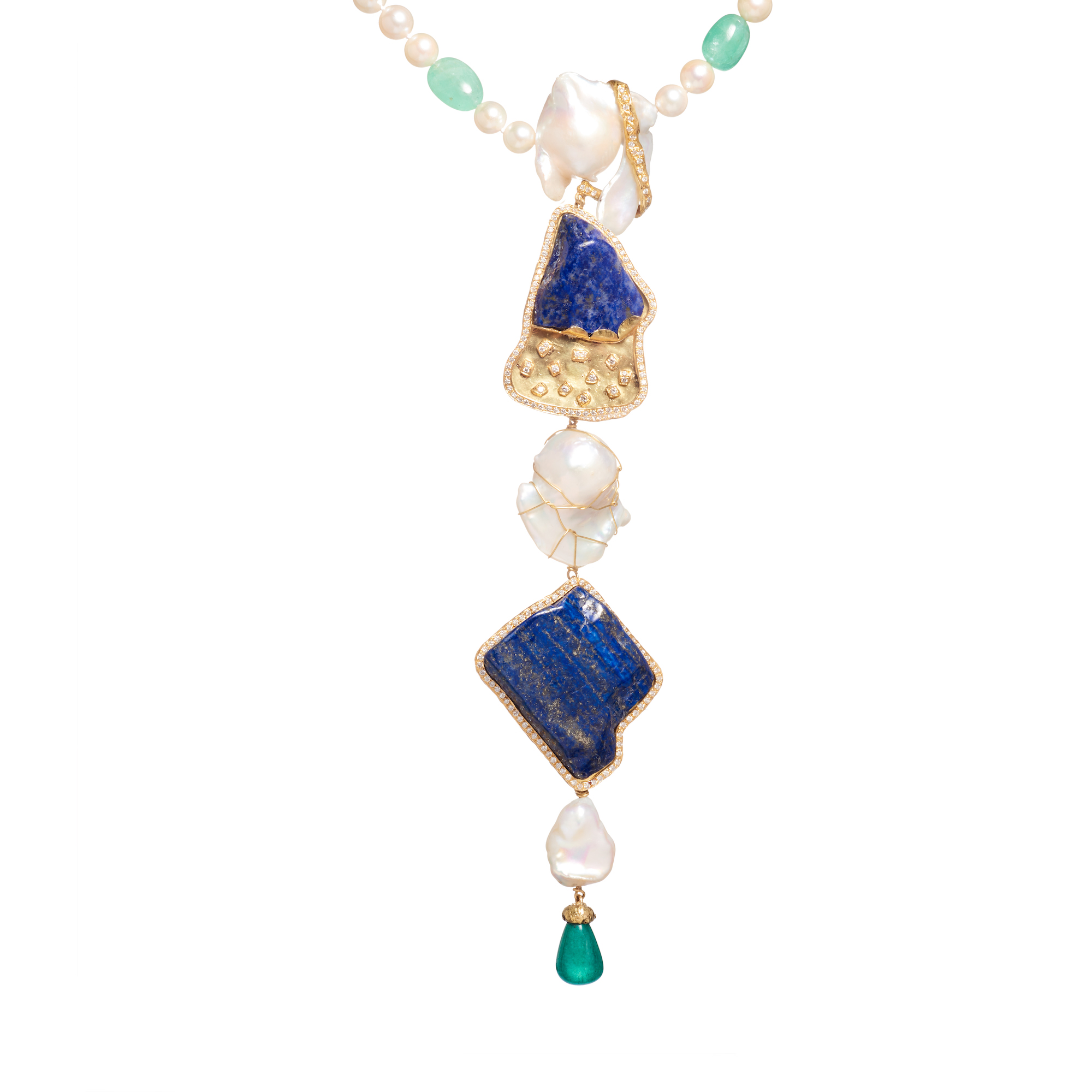 Harmony Lapis-Lazuli necklace, pearl, emerald, lapis-lazuli, diamond, Akoya pearl, yellow gold 19,25kt @Maria João Bahia