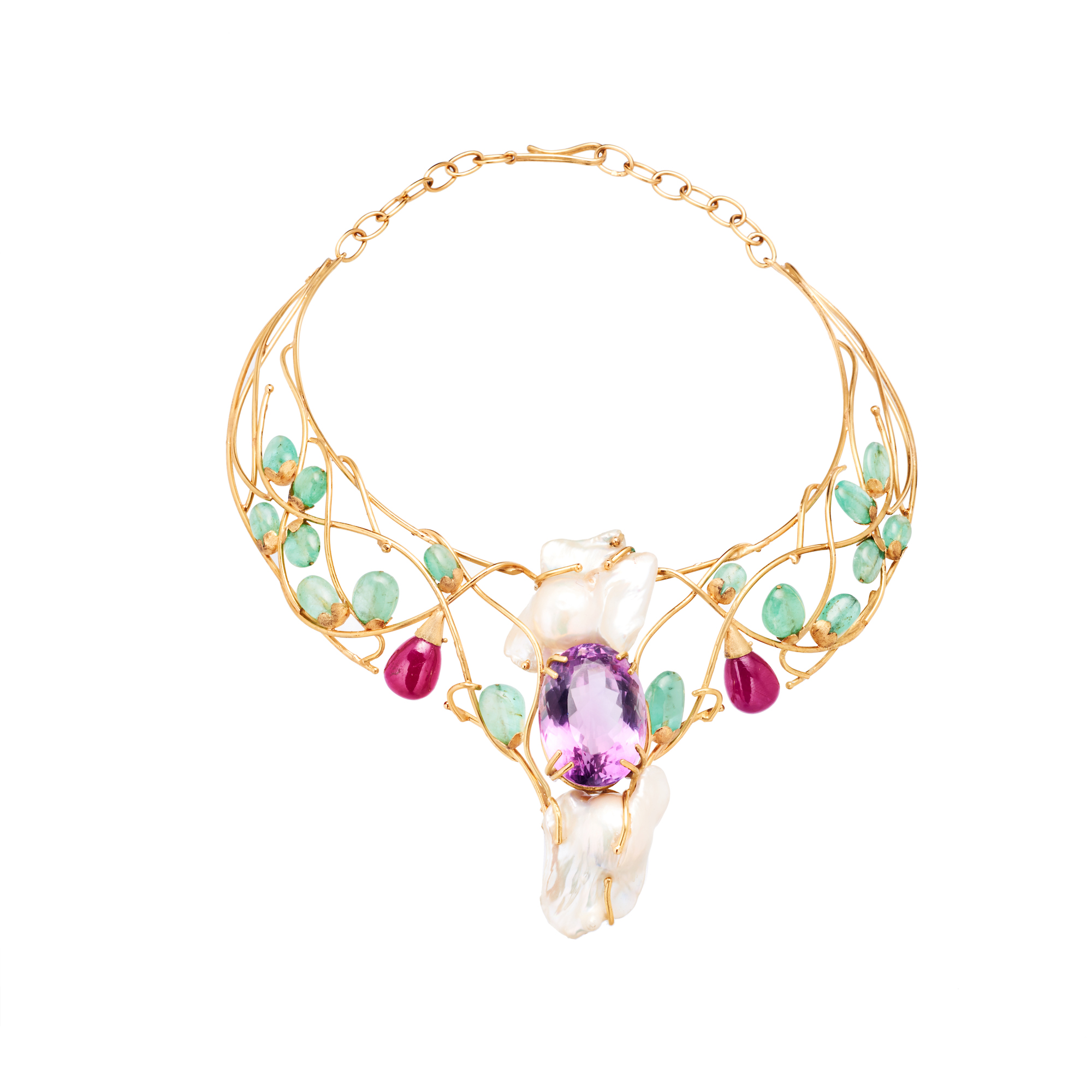 Sublime necklace, pearl, emerald, ruby, amethyst, yellow gold 19,25kt @Maria João Bahia