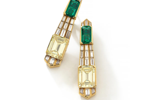 Bulgari impressive pair of fancy intense yellow dimaond, emerald and diamond pendant earrings, circa 1979 ©Sotheby's