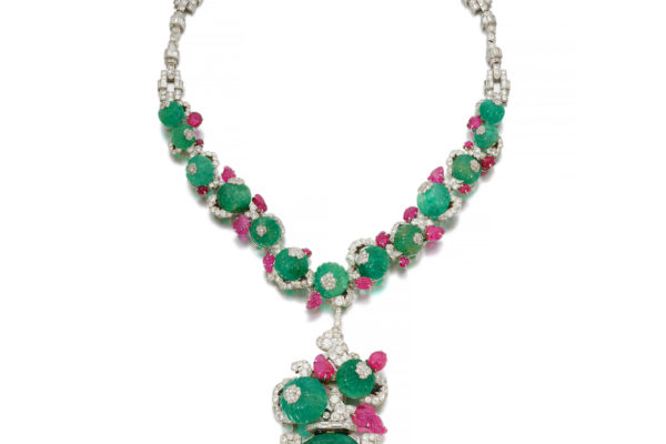 Mauboussin important emerald, ruby, enamel and diamond pendent necklace, circa 1929 and later ©Sotheby's