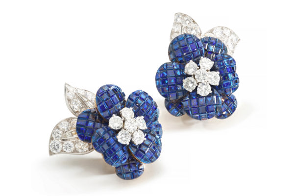 Van Cleef & Arpels pair of sapphire and diamond ear clips Petits Pavots, circa 1969 ©Sotheby's