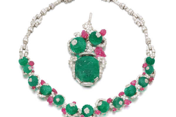 Mauboussin important emerald, ruby, enamel and diamond pendent necklace, circa 1929 and later ©Sotheby's